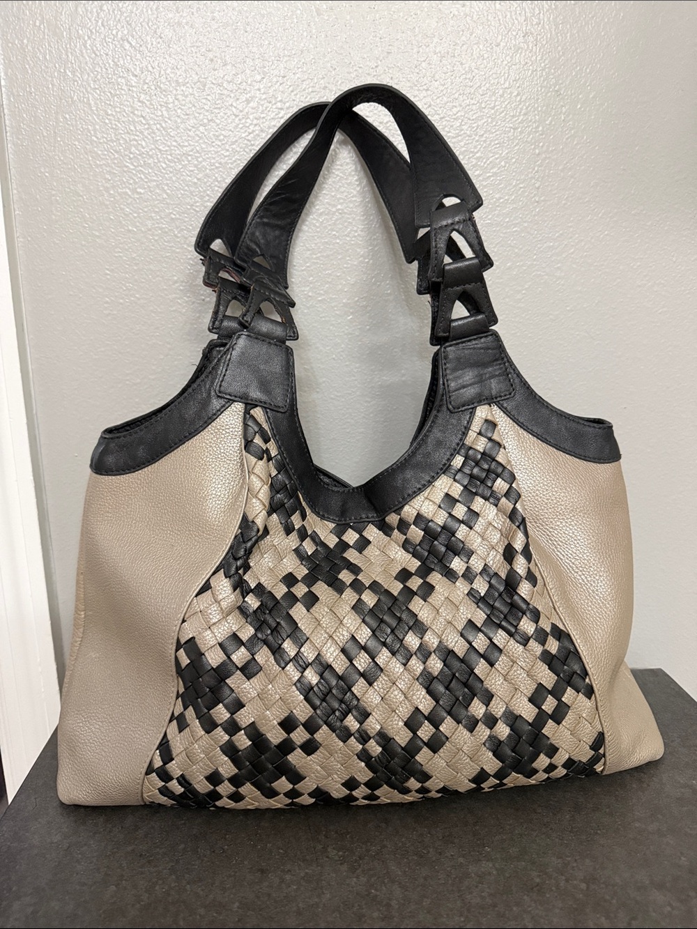 Woven Two-Tone Shoulder Bag in Taupe and Black  CHI